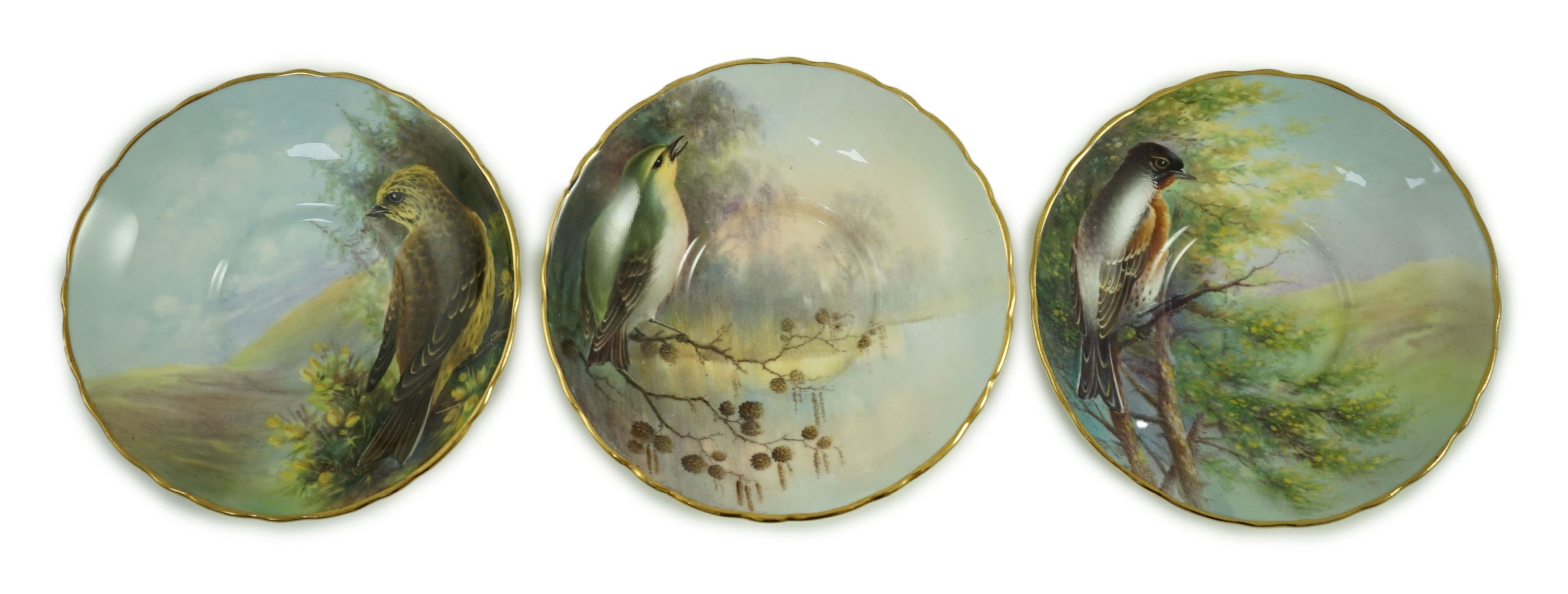 A set of six Paragon bird painted cabinet cups and saucers, 1950s, Saucers 11 cm diameter